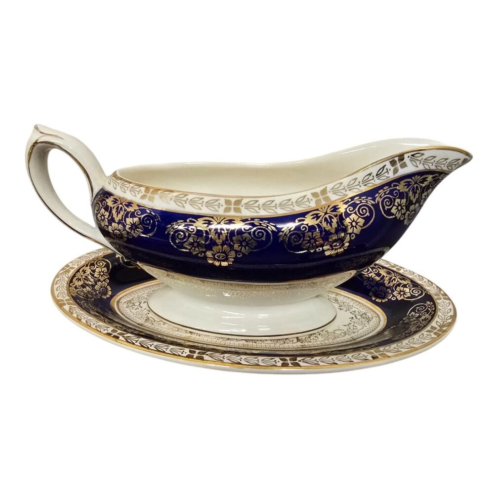 Antique Gravy Boat & Under Plate Crown Ducal Cobalt Blue Gold Floral England